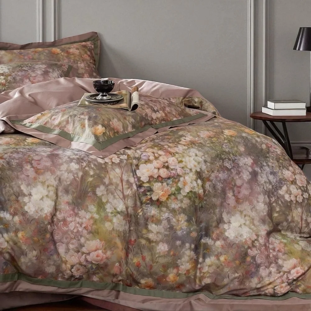 NEW Anthro Blush Pink Silk Floral Boho Cotton Queen King Bedding Duvet Sham Set